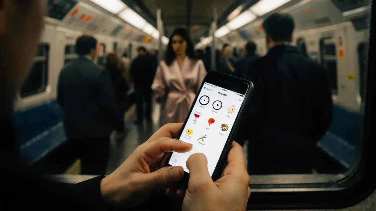 A hand typing on a burner phone in a metro station, screen showing coded emojis: rose, clock, wine glass.