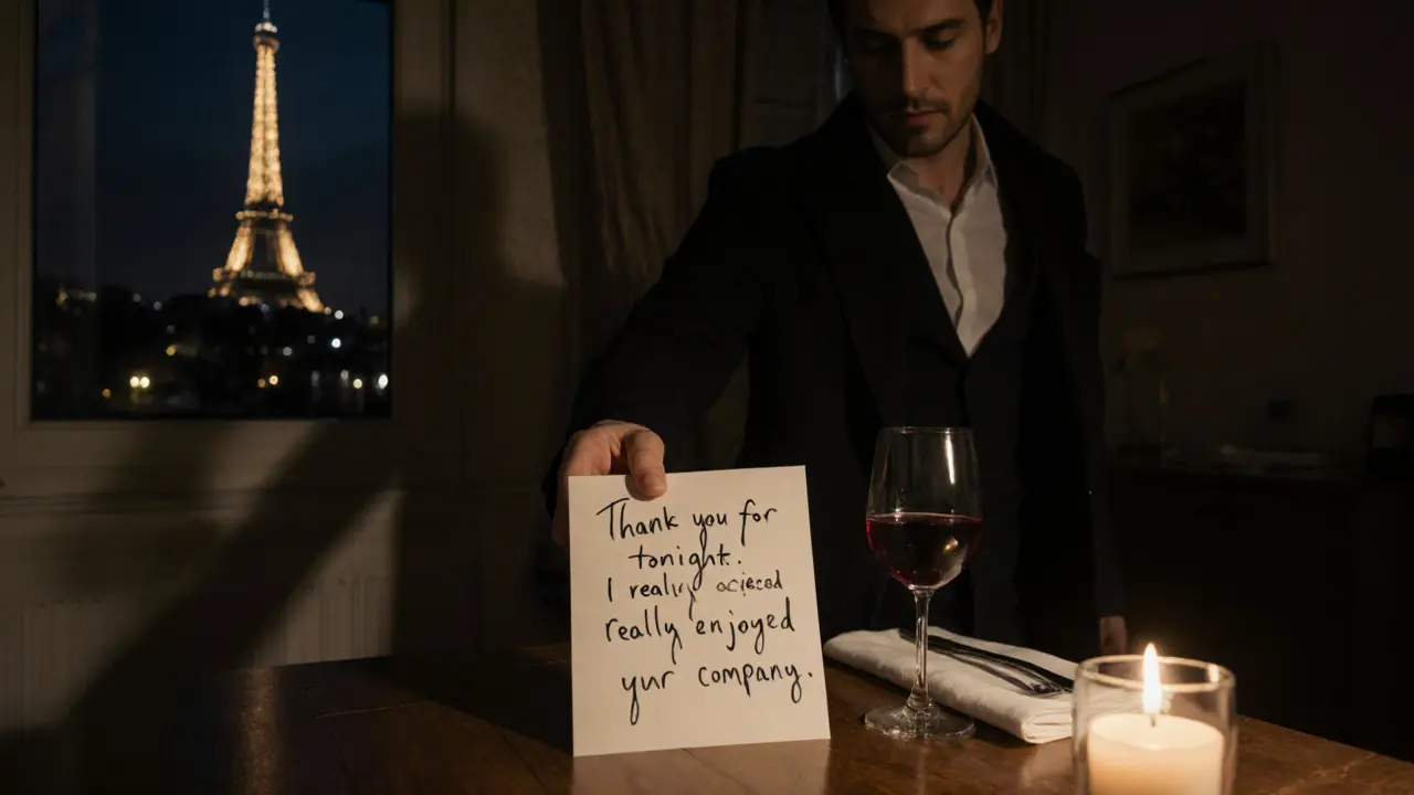 A handwritten thank-you note left on a table as an escort prepares to leave, candlelight casting warm shadows in a Paris apartment.