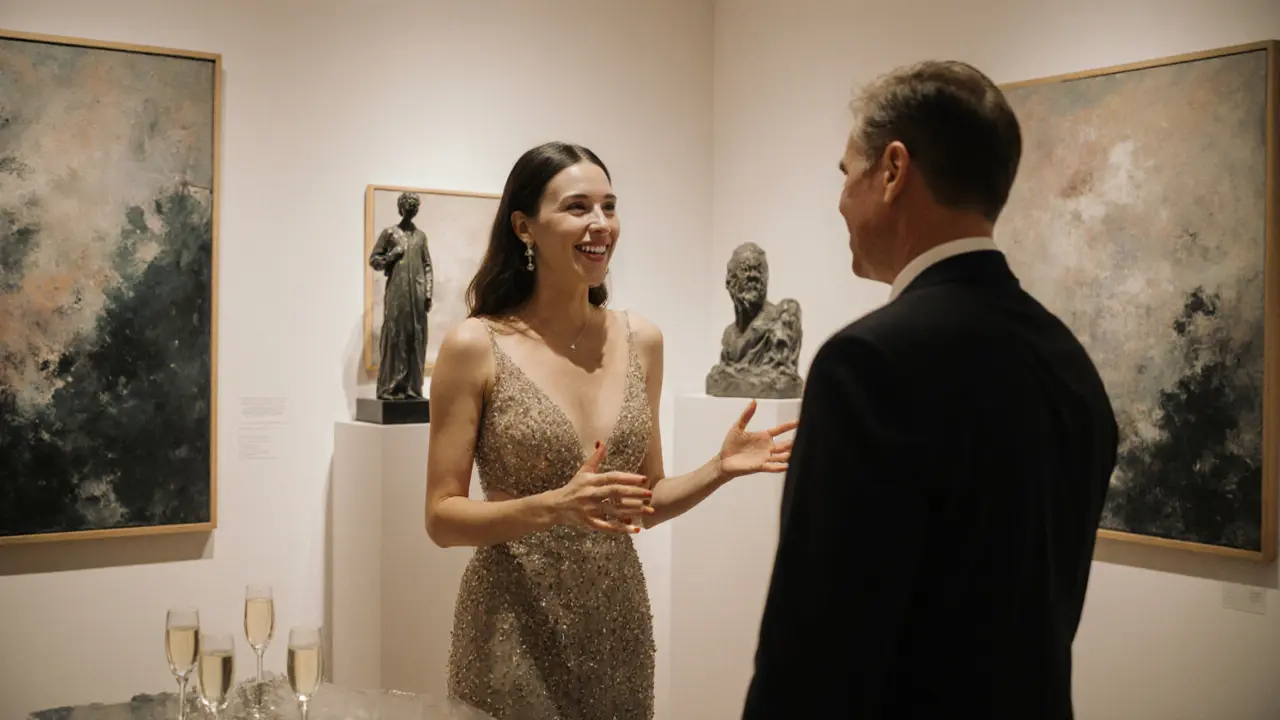 A high-end companion conversing with a client at an art gallery opening in Paris.