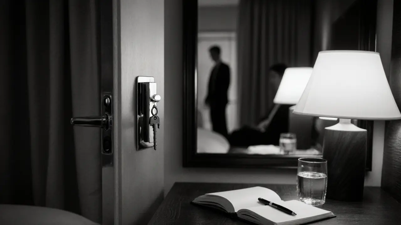 A key on a hotel door handle, hinting at a private, unspoken human connection.