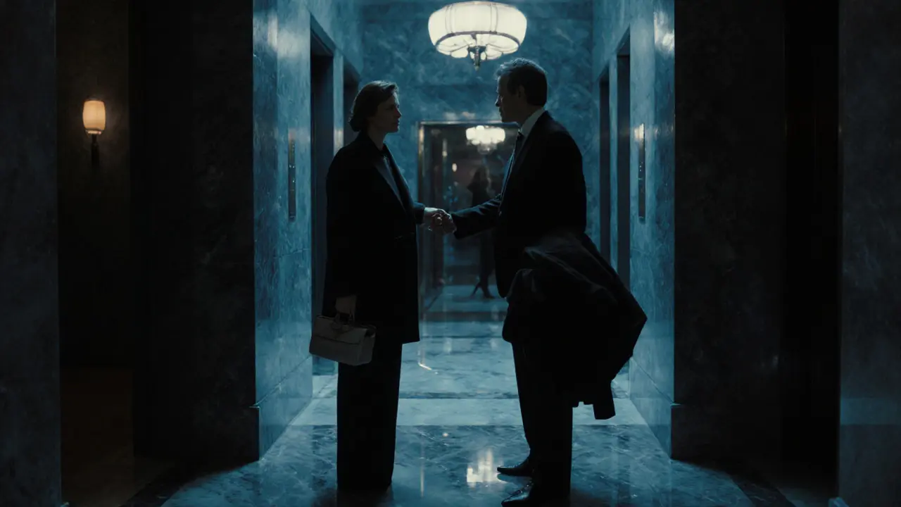 A man and woman exchanging a polite nod in a luxury Paris hotel lobby, conveying professionalism and discretion.