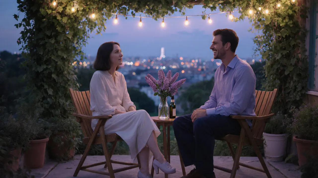A man and woman share a quiet laugh on a garden terrace at dusk, lilacs between them.
