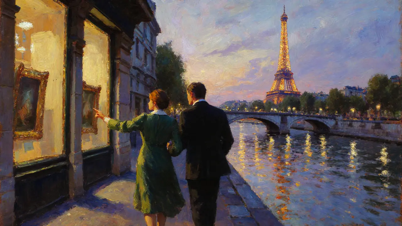 A man and woman walking along the Seine at dusk, pointing toward an art gallery.