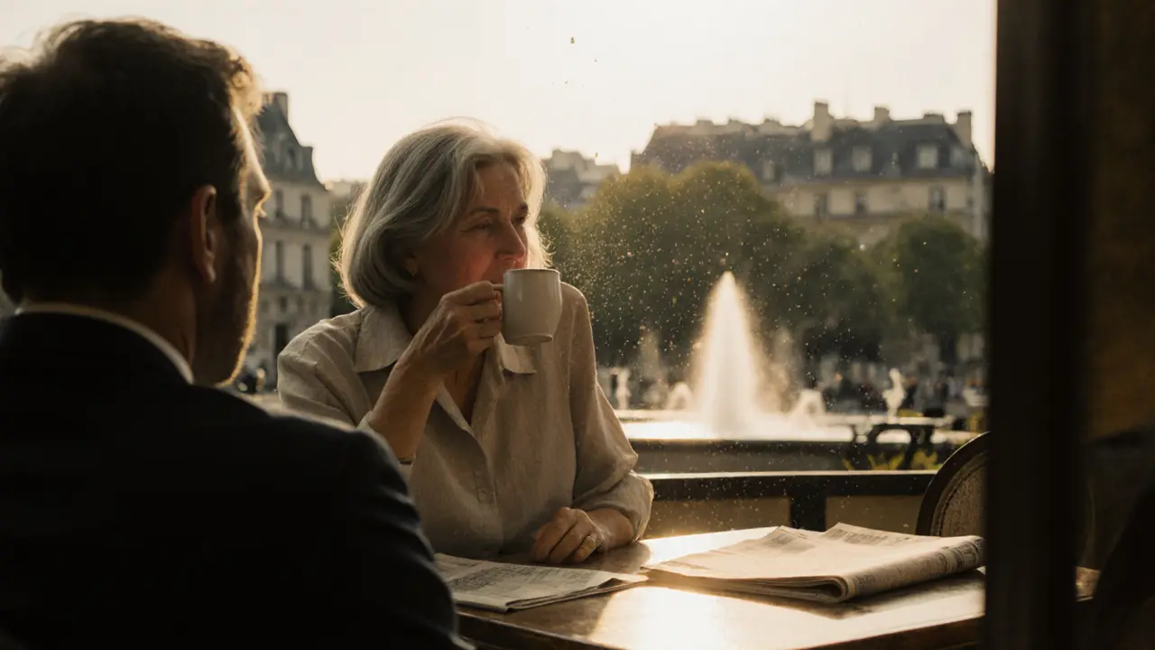A mature woman and man share quiet conversation at a café near Luxembourg Gardens at golden hour.