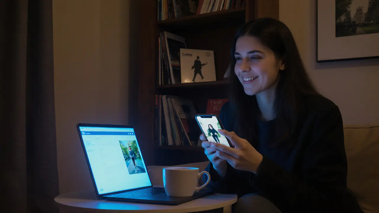 A modern escort relaxes in her Paris apartment, lit by a laptop screen at night.