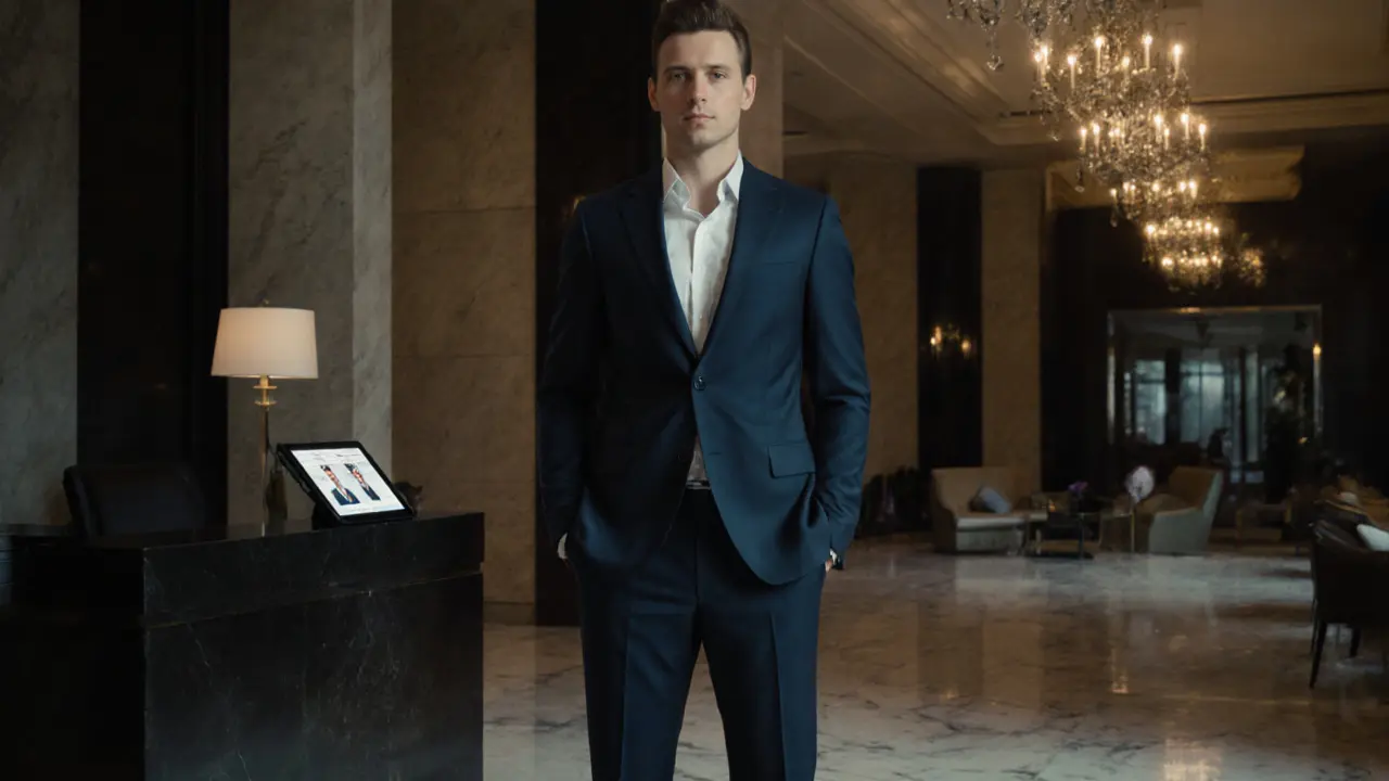 A professional agency companion in a luxury hotel lobby, exuding poise and discretion.
