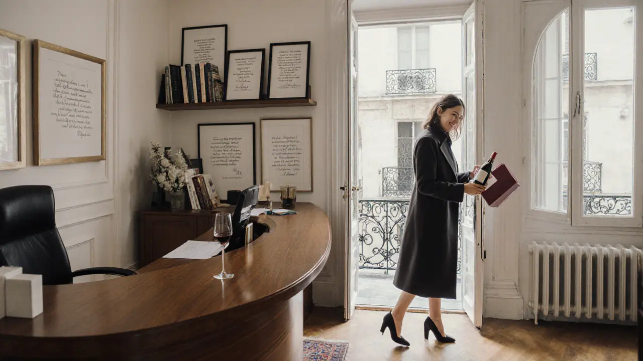 A professional companionship agency office in Paris with a woman preparing to leave, holding a gift.