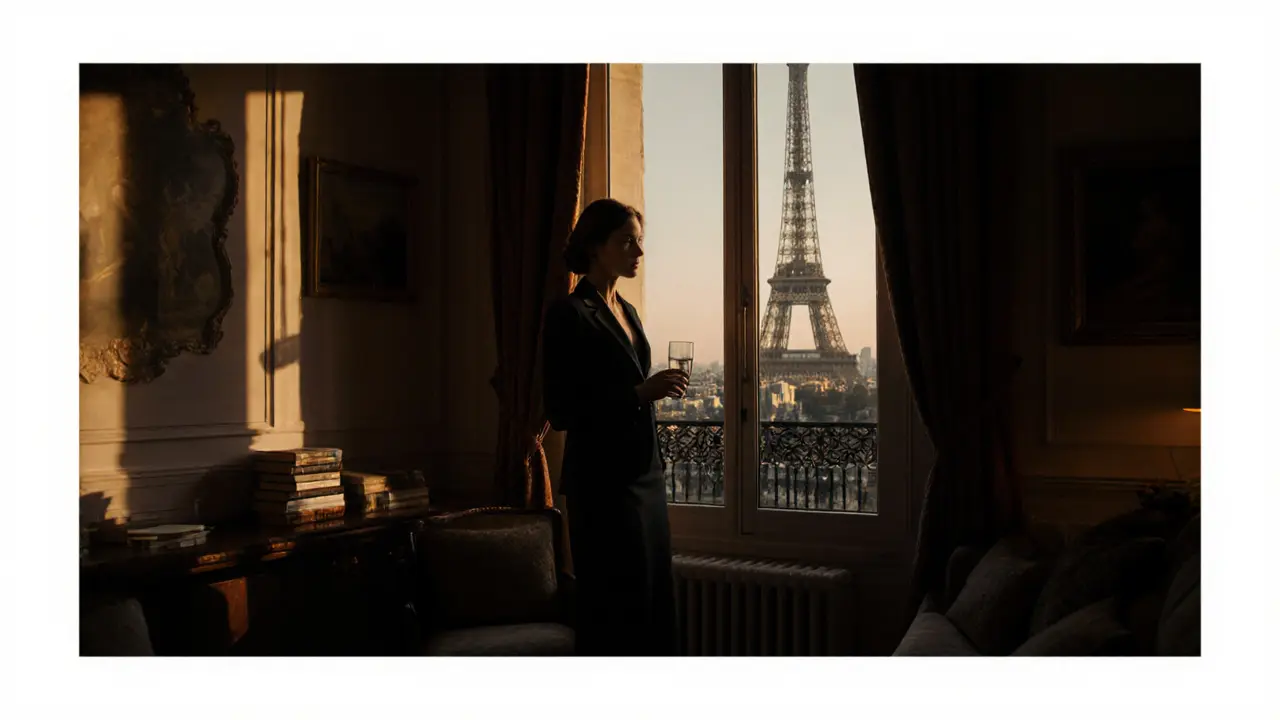 A professional woman standing by a window in a luxurious Paris apartment at dusk.