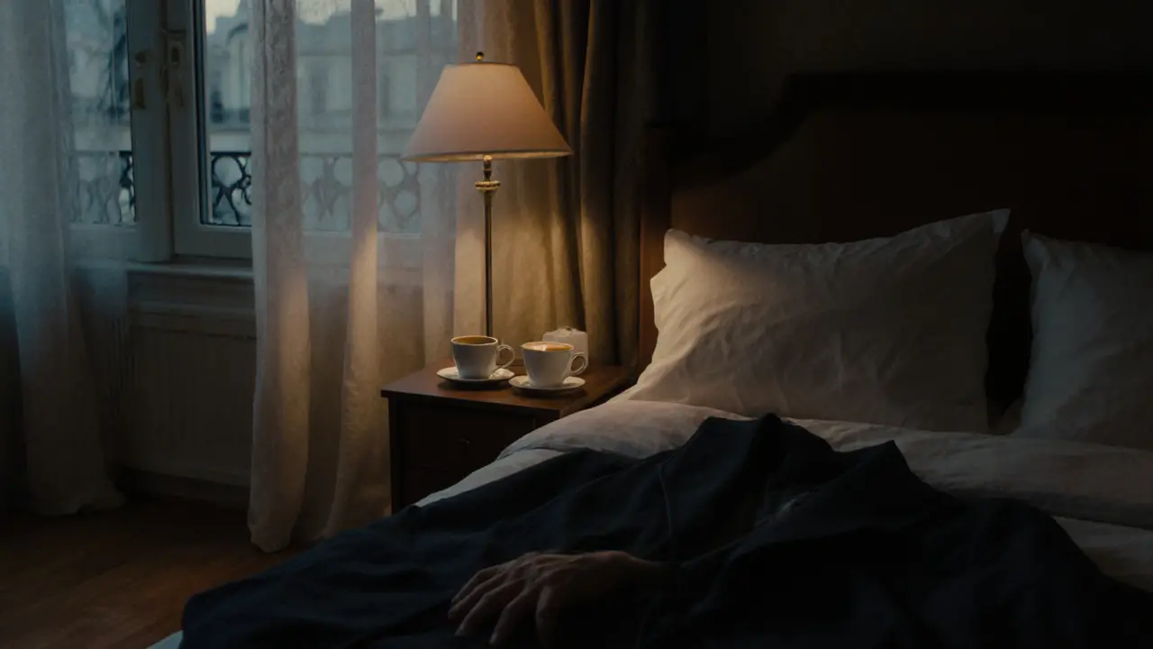 A quiet Paris hotel room at twilight with two coffee cups on a nightstand and curtains gently moving.