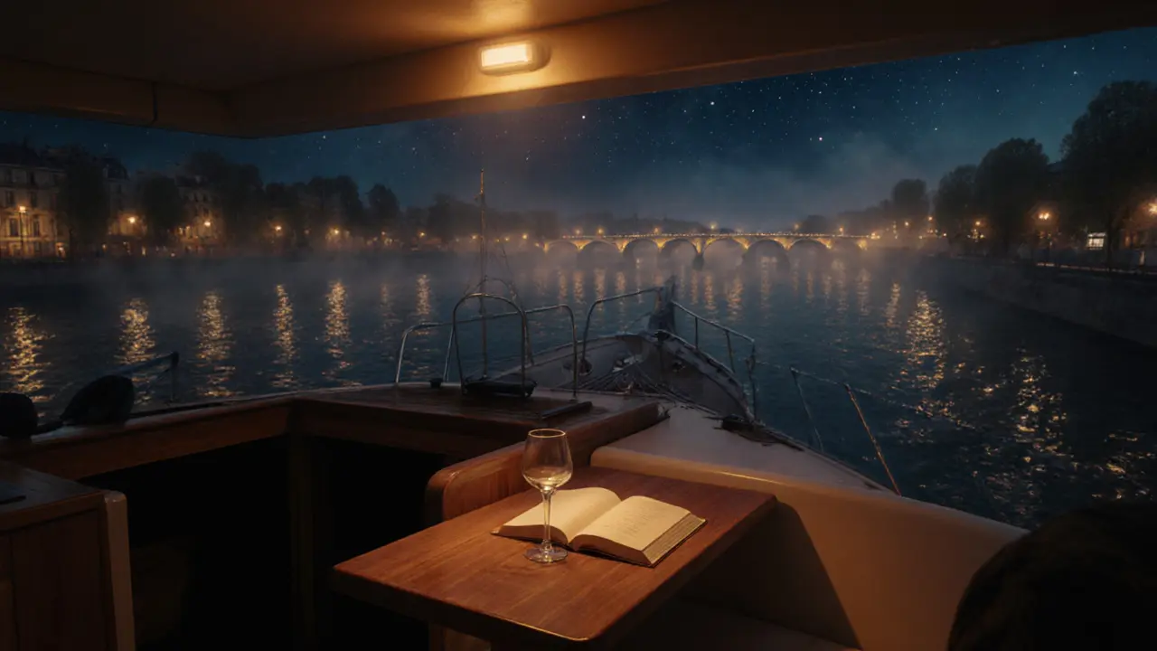 A secluded yacht on the Seine at midnight, lit only by candlelight.