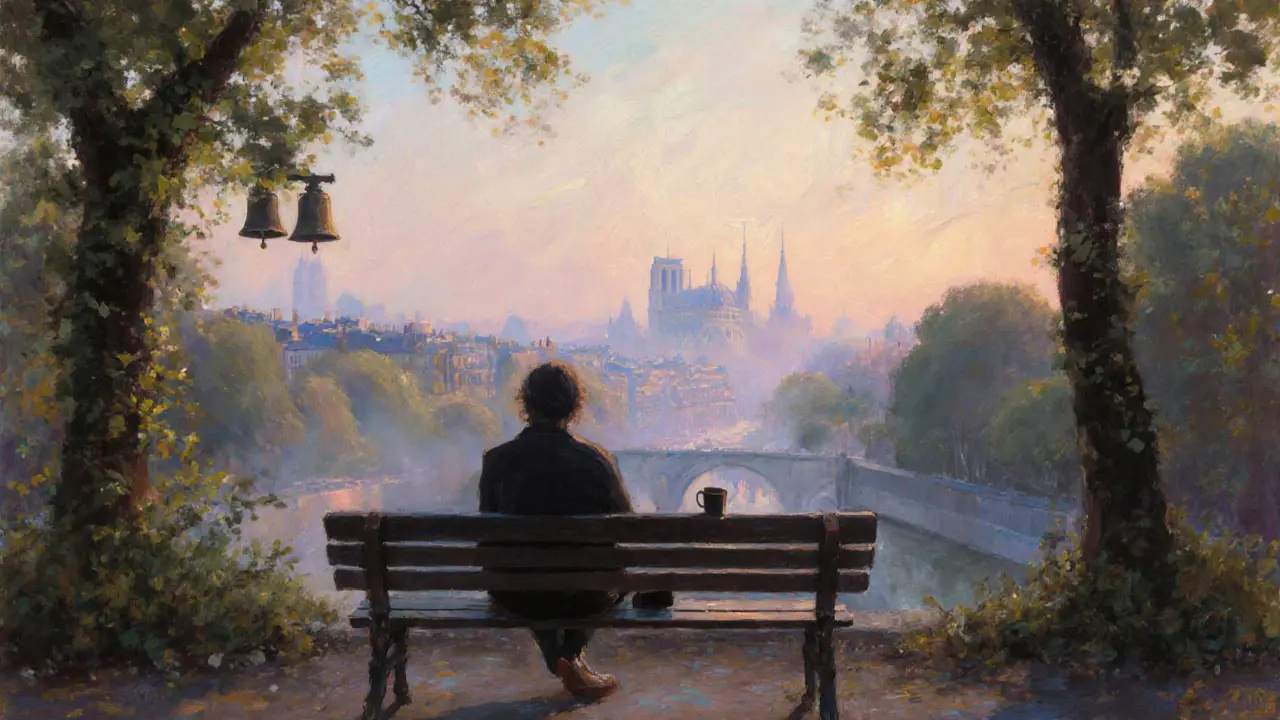 A solitary figure sitting on a bench at dawn in Parc des Buttes-Chaumont, overlooking a misty, peaceful Paris.