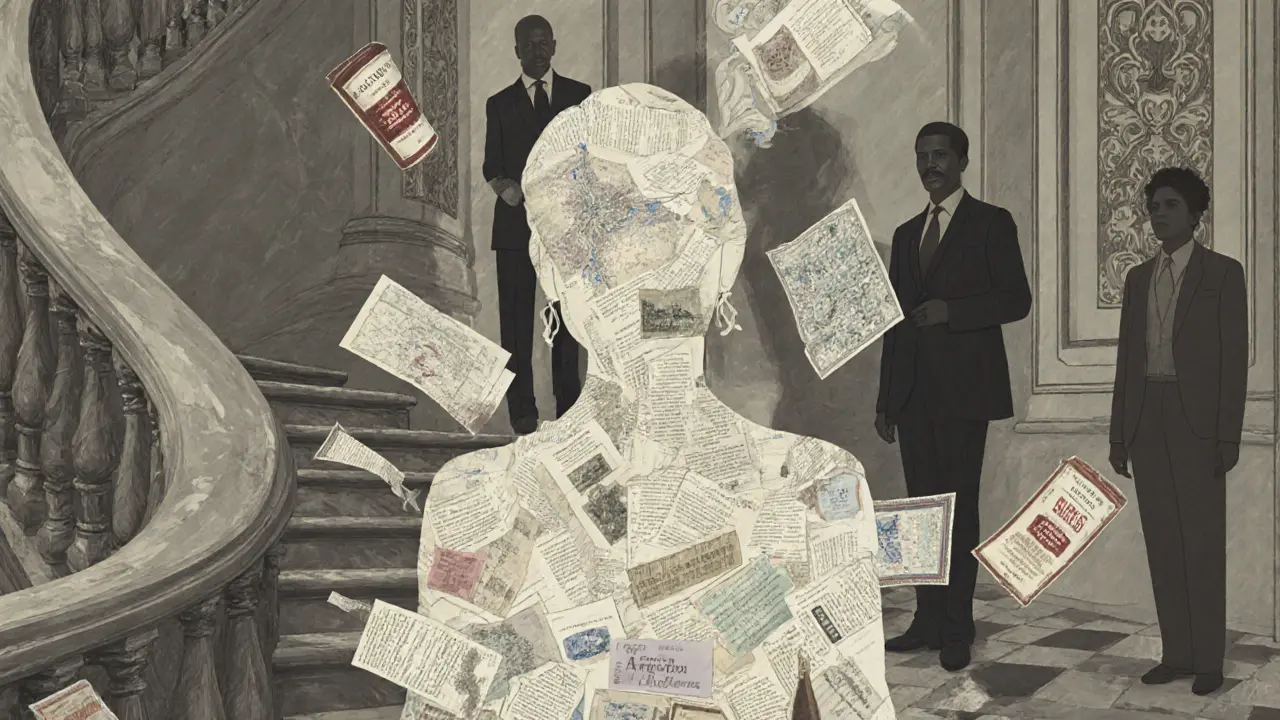 A translucent figure dissolves into cultural symbols—books, maps, and wine labels—against a Parisian mansion.