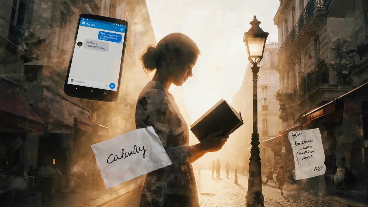 A translucent figure holds a book as fragments of digital and urban life dissolve into golden light, symbolizing quiet human connection.