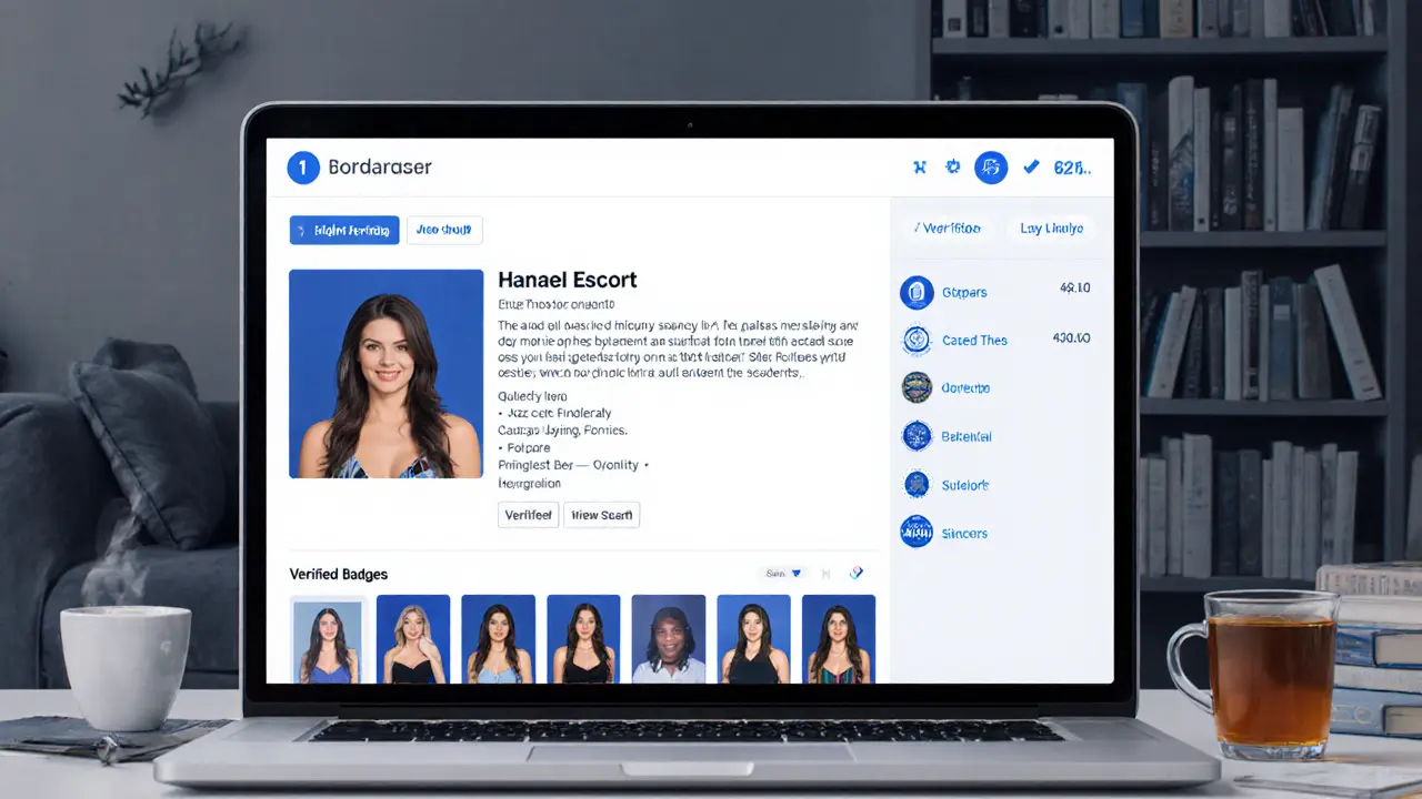 A verified escort profile on a laptop showing real photos and detailed bio, emphasizing trust and professionalism.