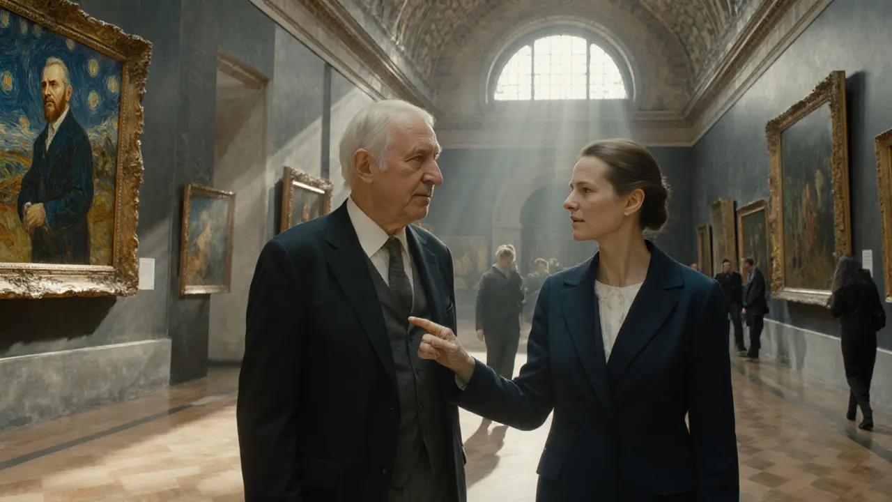 A visitor and companion studying a Van Gogh painting in the quiet, sunlit Musée d’Orsay.