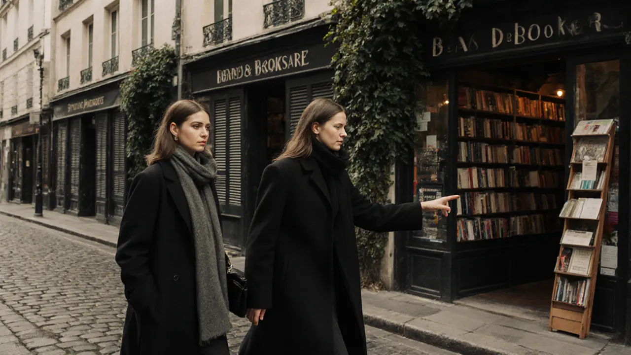 A woman and client browsing a small bookstore in Le Marais, dressed in elegant, understated clothing.