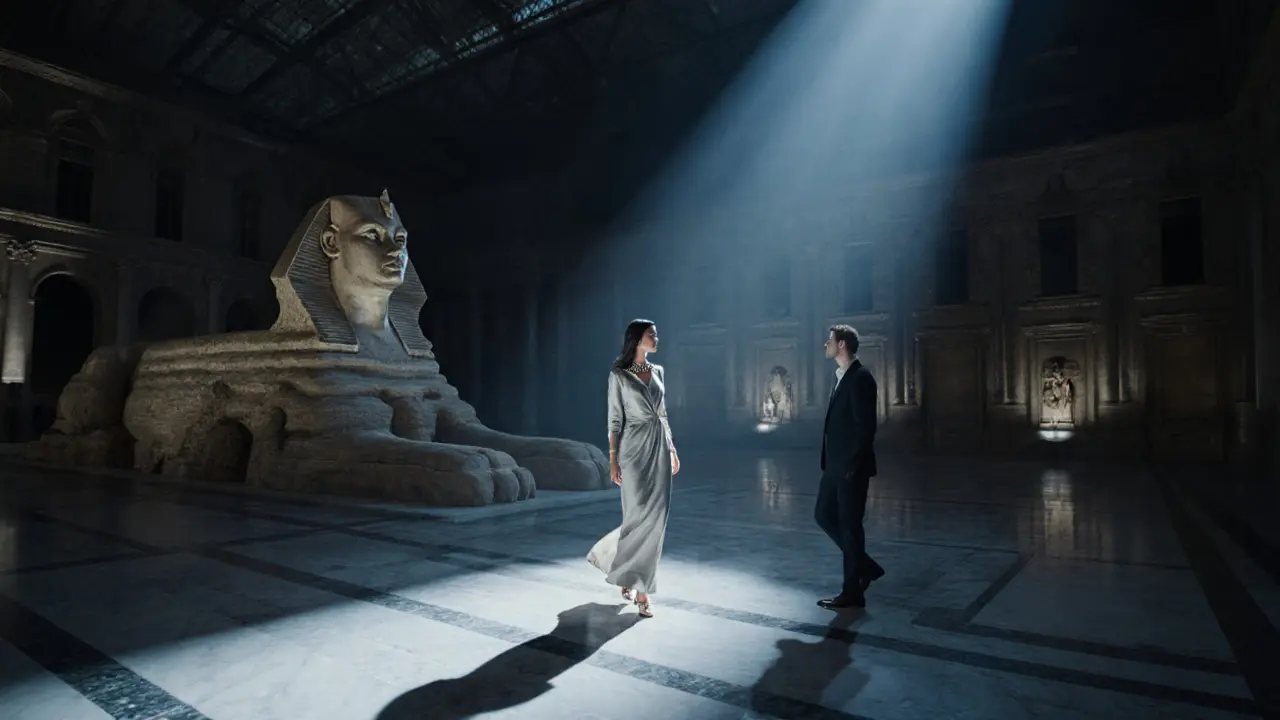 A woman and man exploring the empty Egyptian Wing of the Louvre at night, standing before the Sphinx.