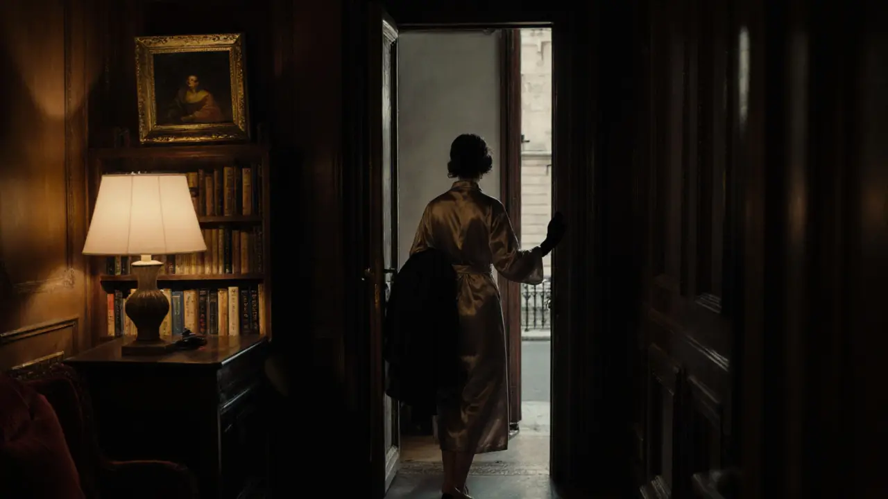 A woman in a silk robe at a doorway, preparing to see a client off in a refined Passy apartment.