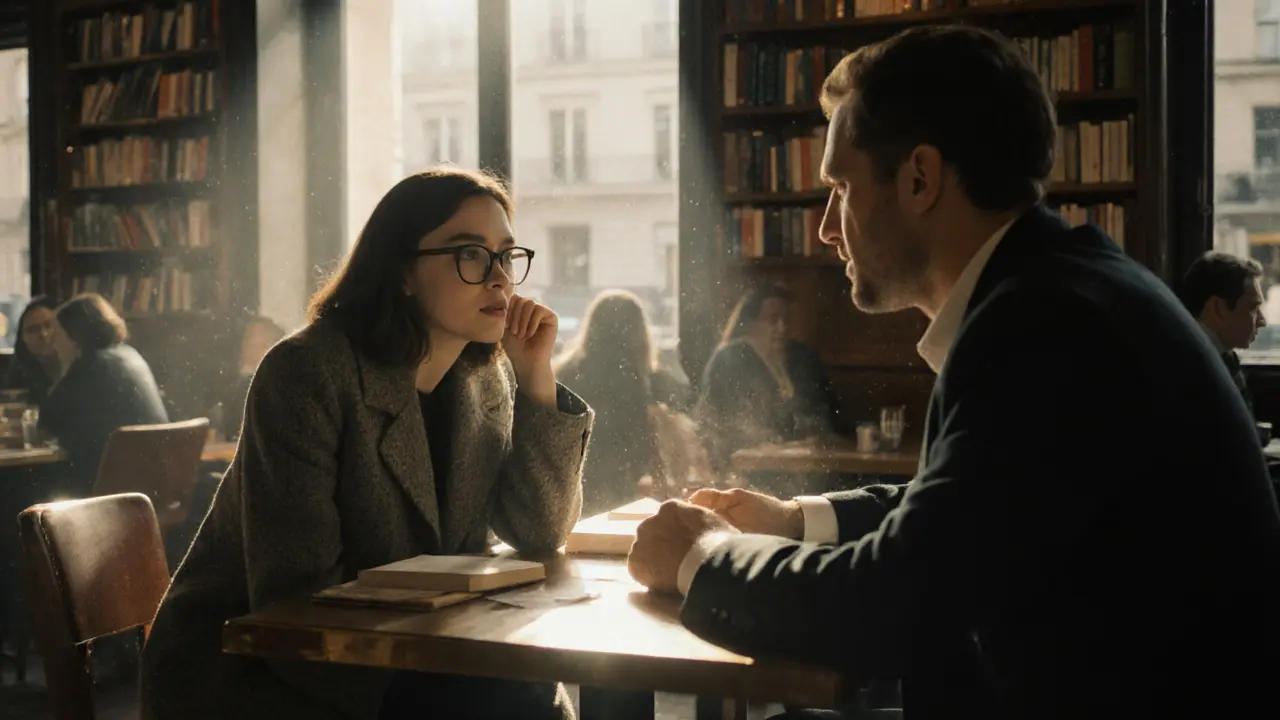 A woman listens intently to a man in a cozy book-filled café, sunlight streaming through the windows.