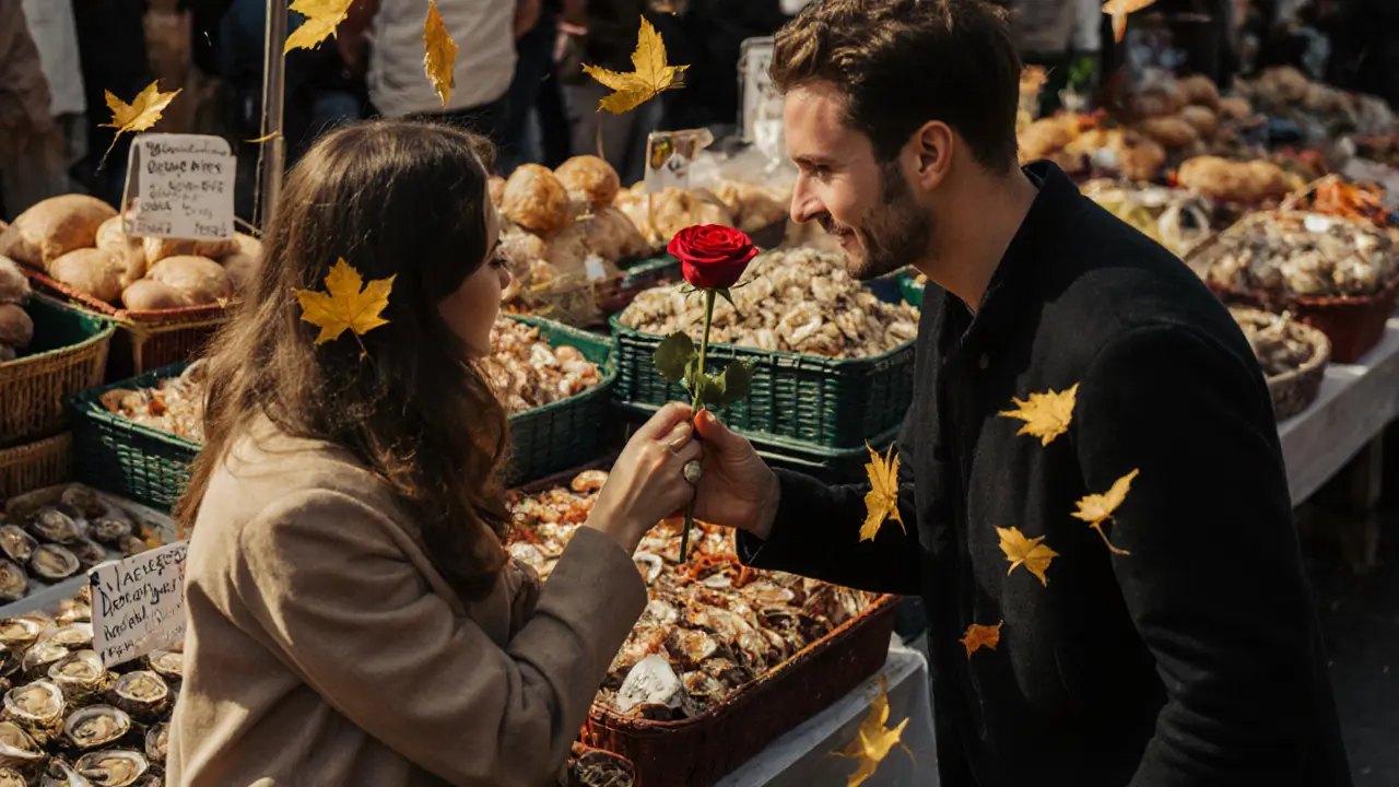 A woman receiving a red rose from her companion at a lively Paris market in autumn.