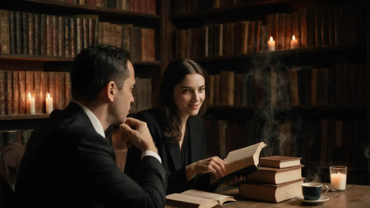 A woman shows a rare book to a client in a quiet Saint-Germain bookstore, candlelight reflecting off leather spines.