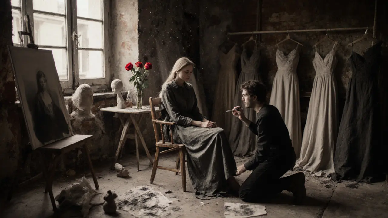 A woman sits still for a portrait in a sunlit studio, surrounded by sketches and sculptures, quiet and dignified.