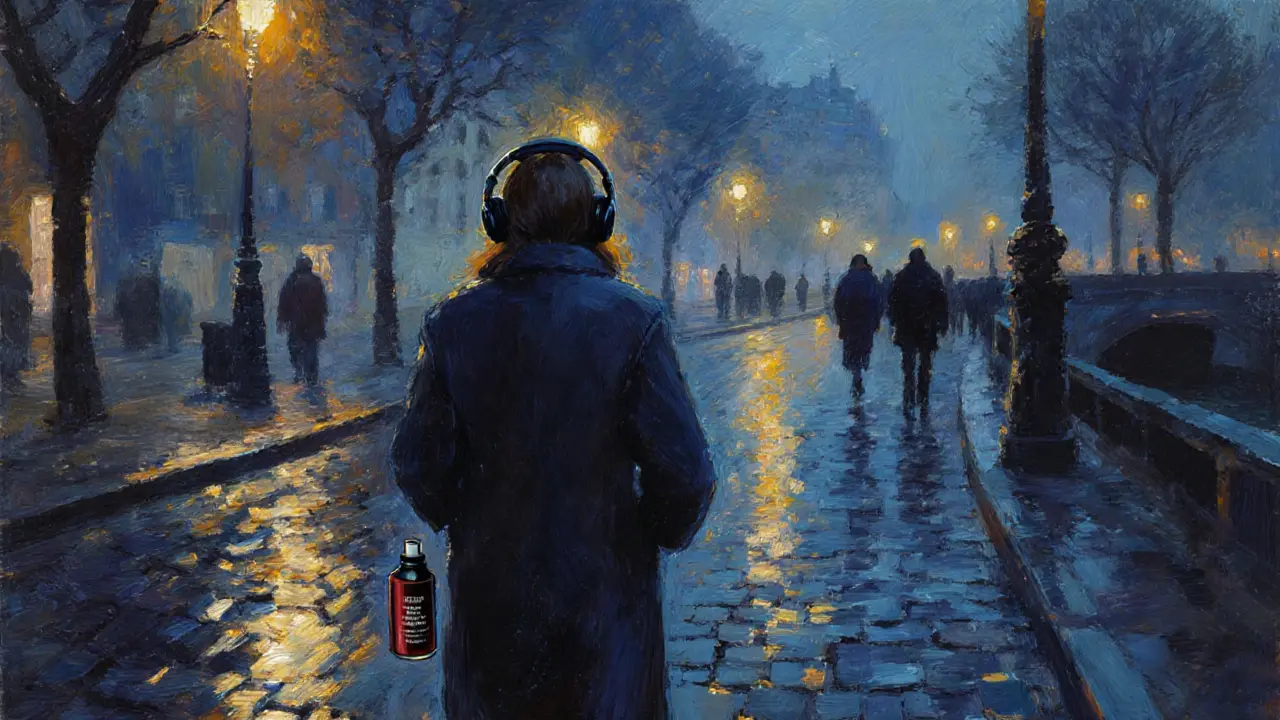 A woman walks alone at night by the Seine, coat pulled tight, streetlights glinting on wet pavement, conveying vigilance and solitude.