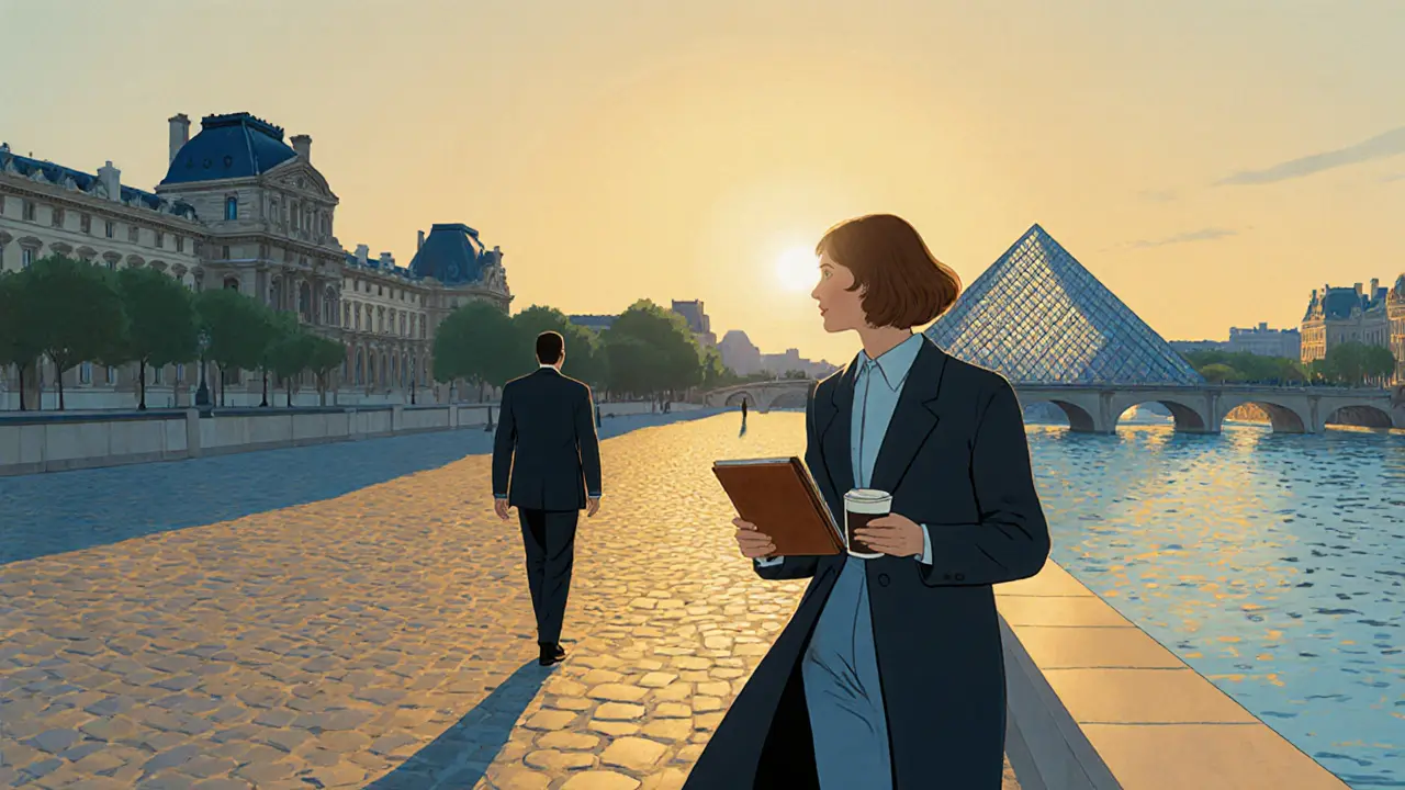 A woman walks by the Seine at sunset, notebook in hand, Louvre in the distance.