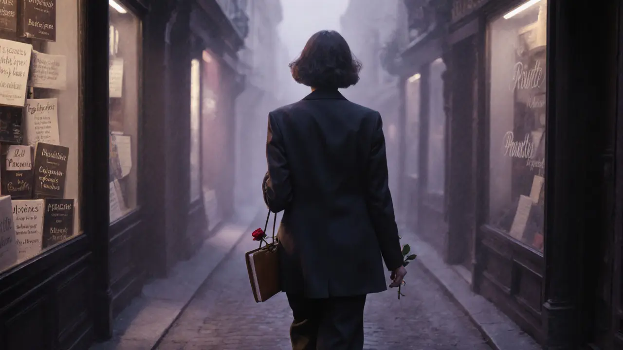 A woman walks past bookstore windows in Paris at dusk, holding a rose and notebook.