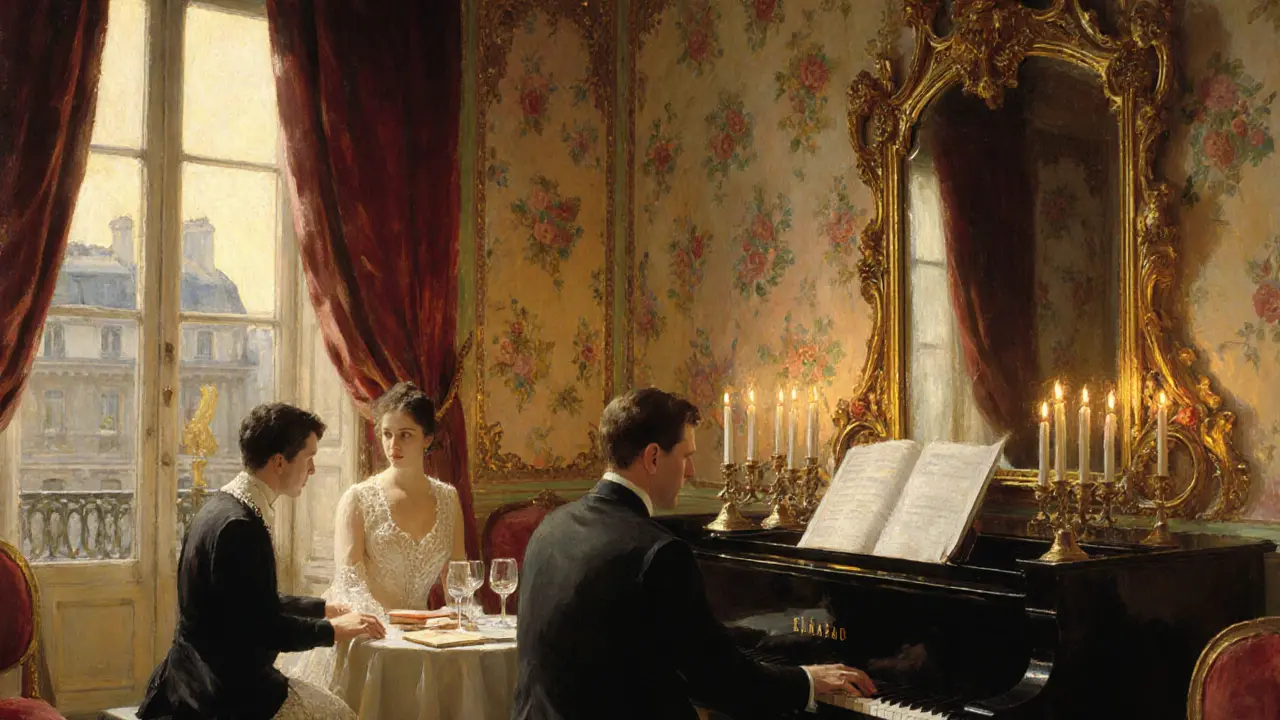 An elegant woman plays piano in a Belle Époque salon with a gentleman beside her.