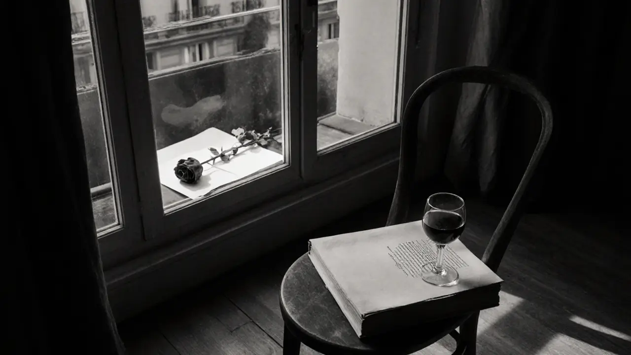 An empty chair by a window with a rose, a book, and a glass of wine, evoking quiet companionship.