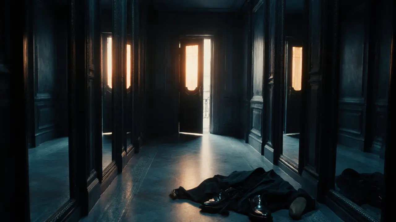 An empty hallway with mirrors and a cracked door revealing warm light, shoes and coat left behind.