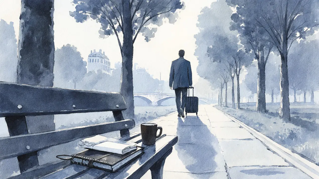 An empty park bench at dawn in Paris, with a notebook and coffee cup left behind.