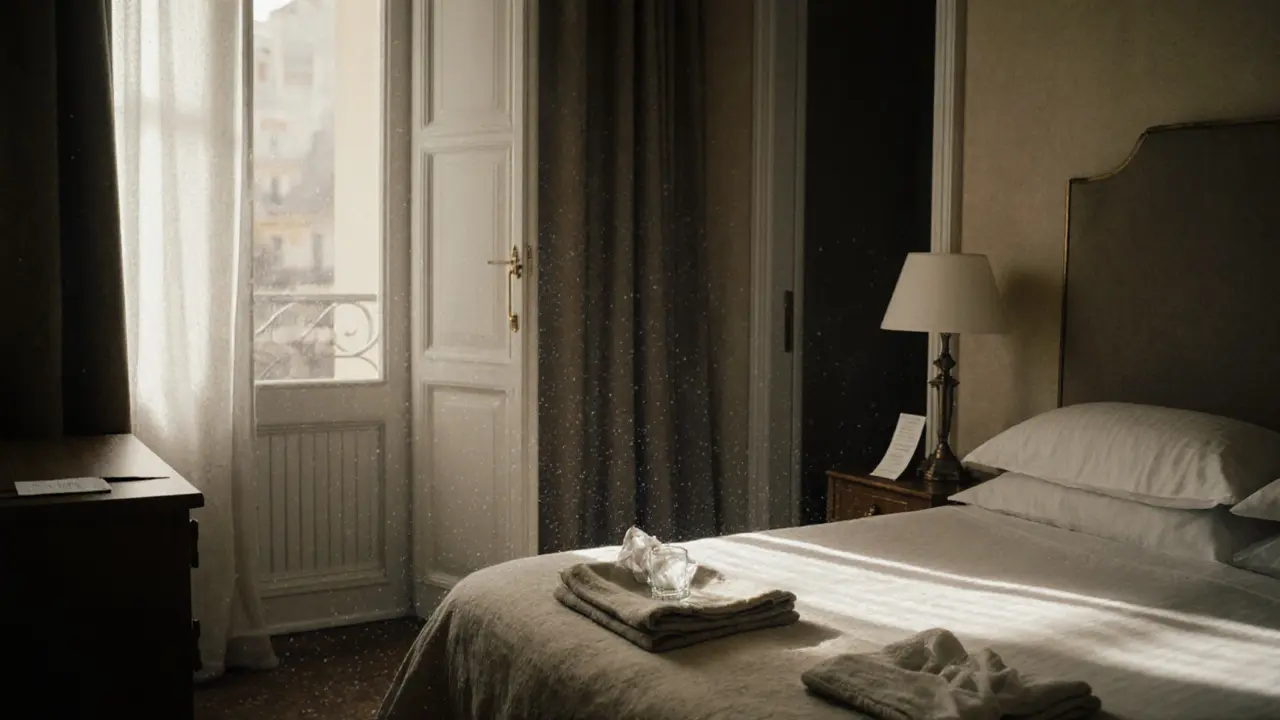 An immaculately tidy hotel room in Paris the next morning, with no personal items left behind.