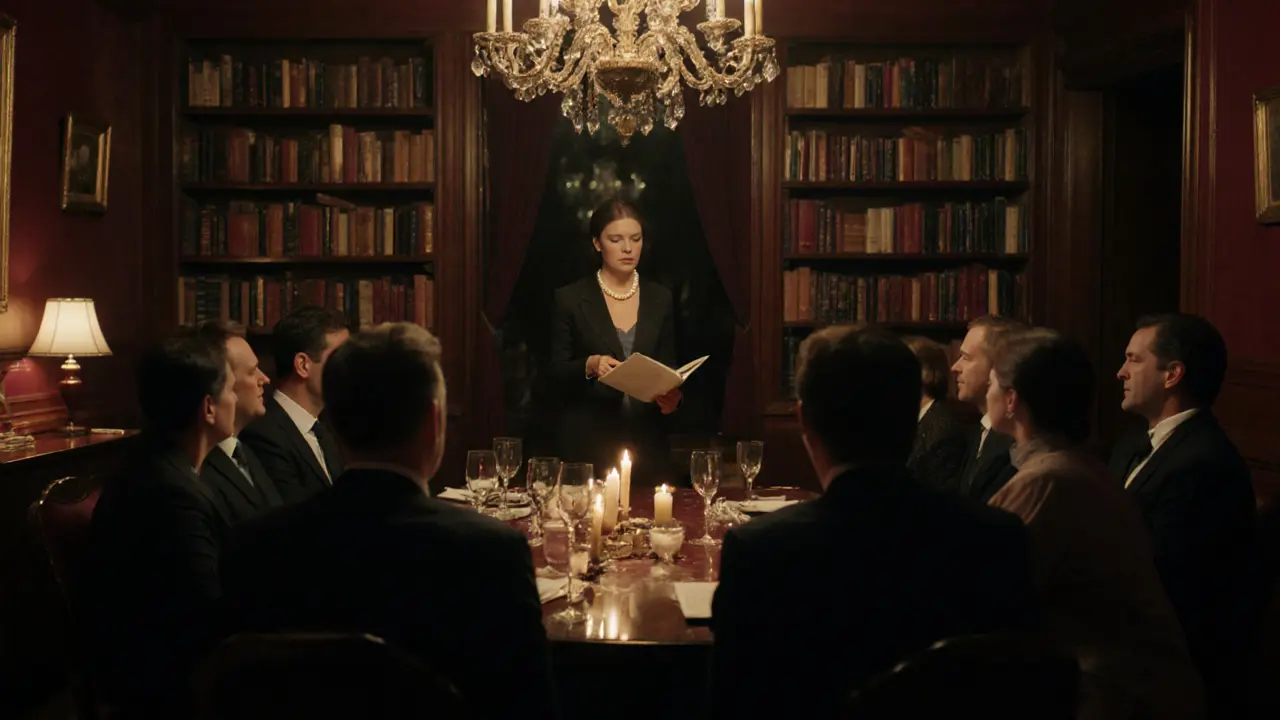 Clients gather in a candlelit Paris salon, listening as a woman recites Zola&#039;s words from a classic novel.