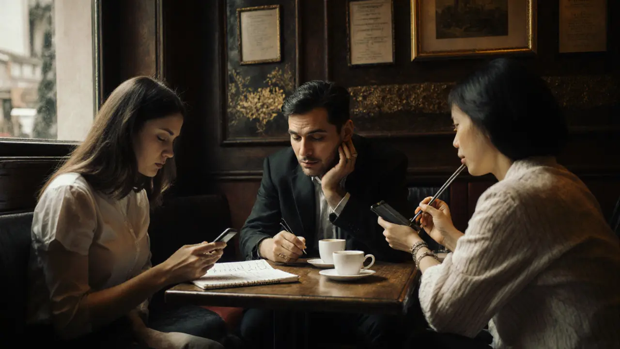 International escorts meet in a Montmartre café, exchanging advice over coffee, with phones and notebooks visible.