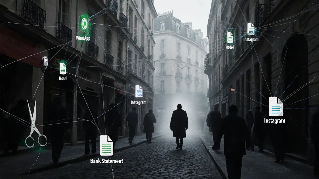 Invisible digital traces being cut by scissors, symbolizing the deliberate erasure of online footprints in Paris.