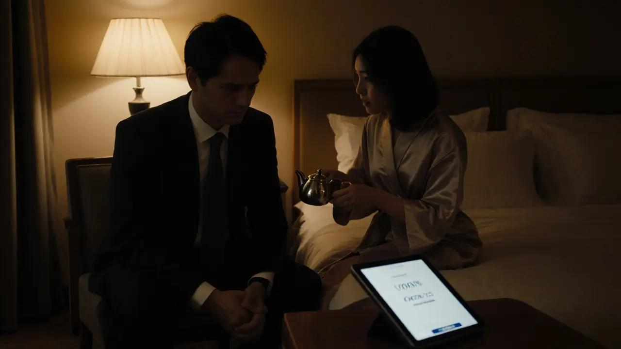 Quiet hotel room scene with a Japanese business traveler and escort sharing tea, emphasizing discretion and professional intimacy.
