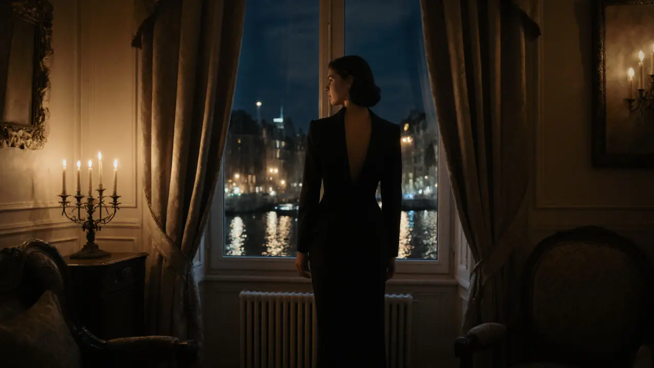 Silhouette of a woman by a window in a private Paris apartment at night.
