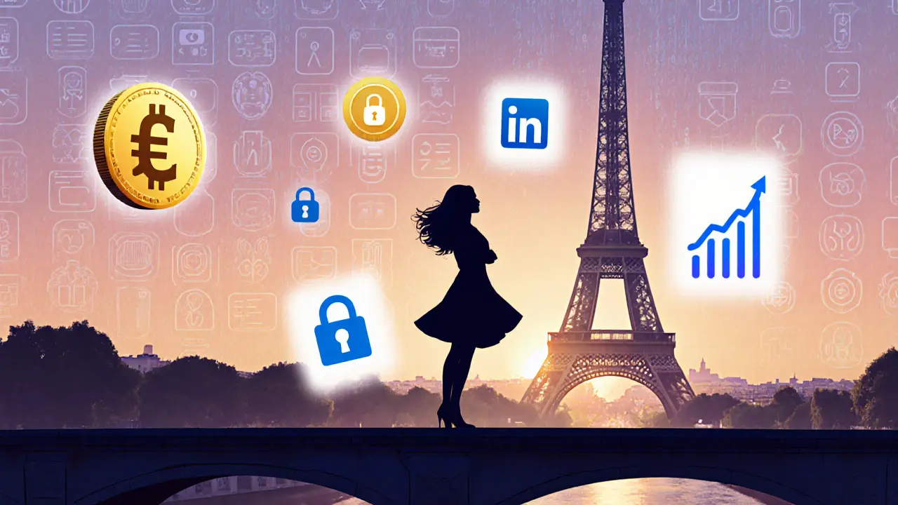 Silhouetted woman on a bridge surrounded by digital symbols of finance, security, and professionalism in modern Paris.