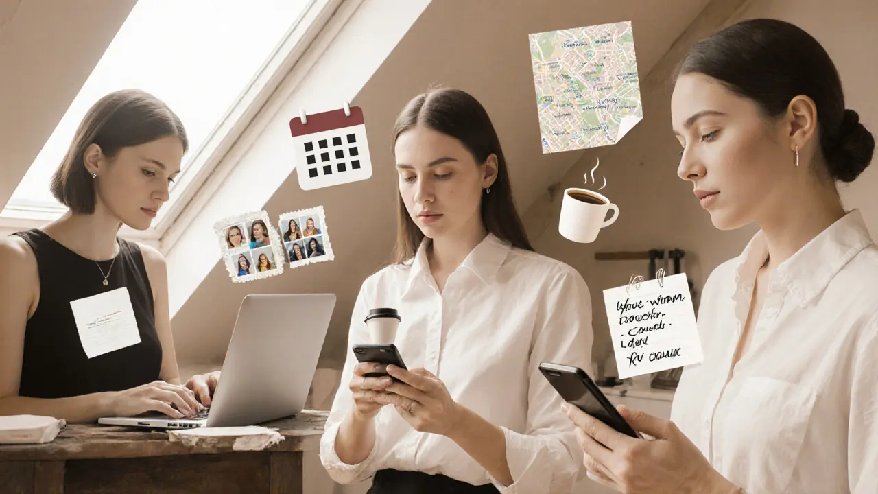 Three independent women work remotely — laptop, phone, and coffee — symbols of autonomy around them.