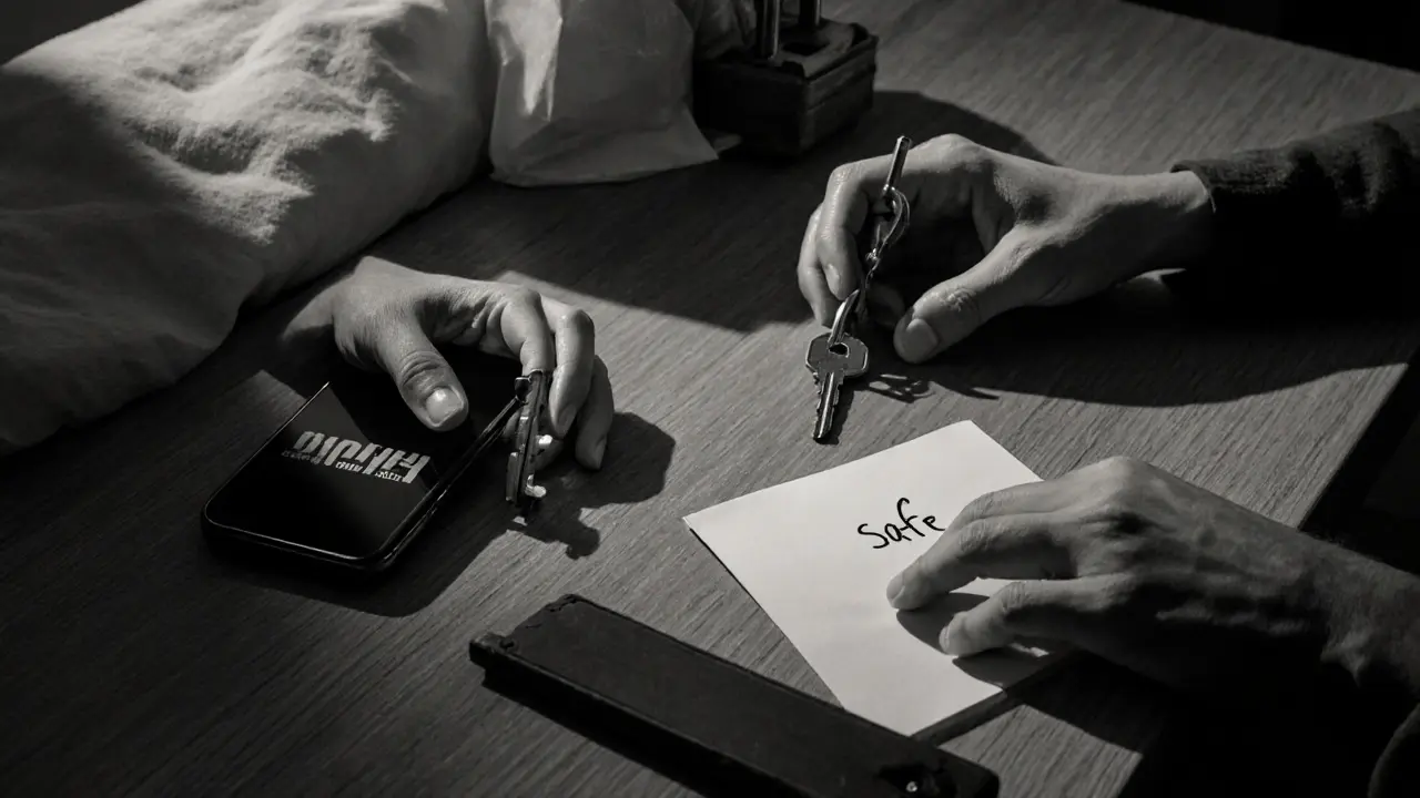 Three objects—a key, a burner phone, and a note saying &#039;safe&#039;—rest on a wooden table, symbolizing secrecy and personal control.