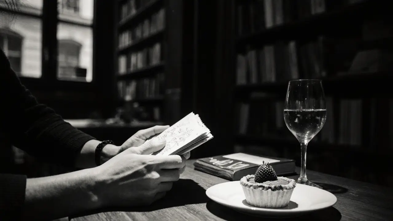 Two hands holding a sketchbook and strawberry tart in a quiet bookshop, wine glass and open book nearby.