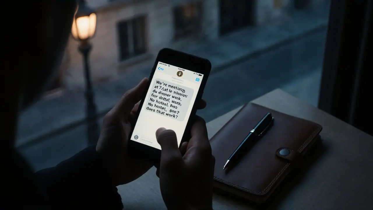 Two hands interacting with a secure messaging app, showing a clear, respectful message about a planned meeting in Paris.
