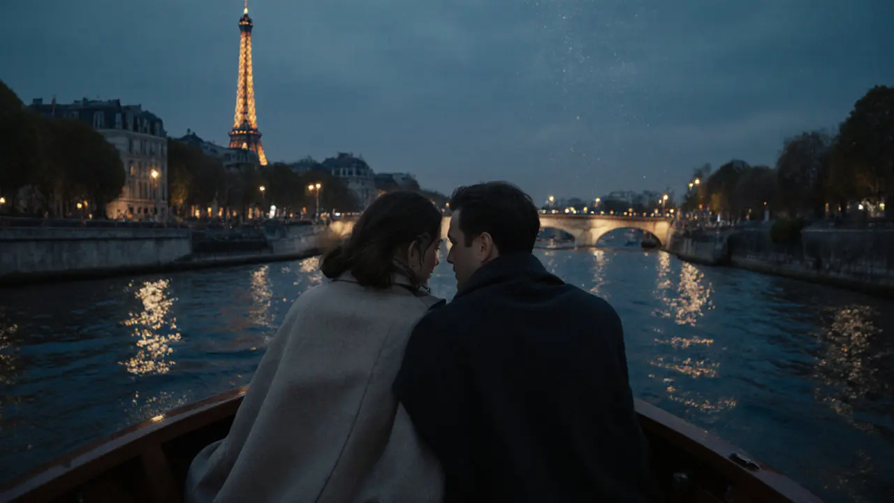 Two people ride a boat along the Seine at dusk, the Eiffel Tower glowing softly in the distance.