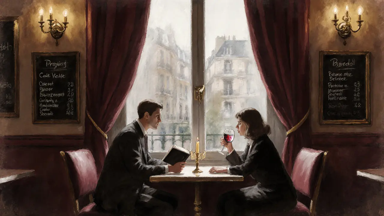 Two people share a quiet evening at a cozy Parisian bistro, candlelight reflecting off wine glasses and books.