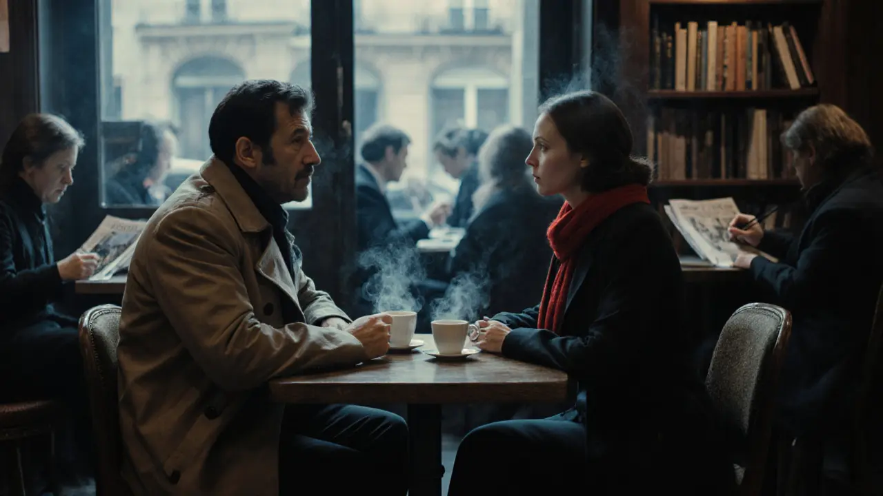 Two people share a silent moment in a cozy Parisian café, steam rising from coffee cups.