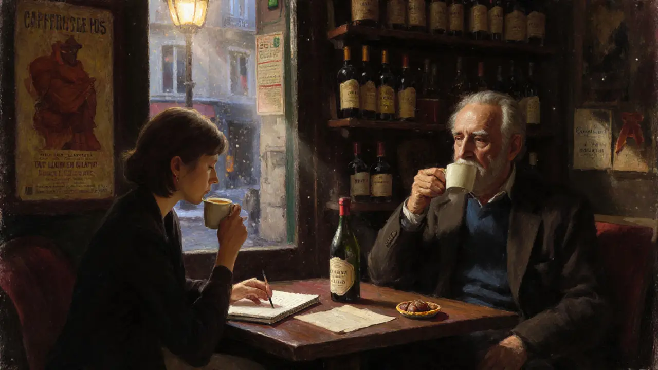 Two people sit in a cozy wine bar at twilight, sharing espresso and a tart, surrounded by vintage bottles and soft lamplight.