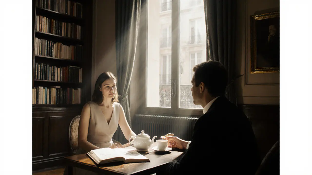 Two people sit in quiet contemplation in a sunlit Parisian salon, surrounded by classic books and tea.