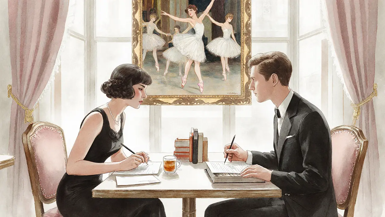 Two people sketch each other in a museum café, surrounded by art books and morning light, no physical contact.